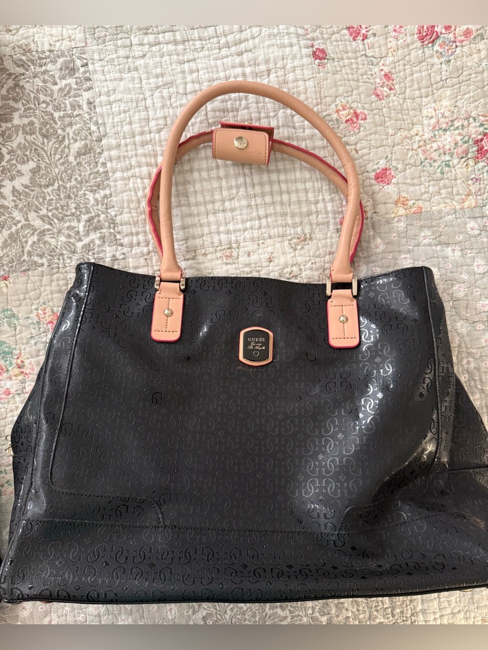 GUESS Black Patent Tote/duffle bag with Pink and Tan Handles
